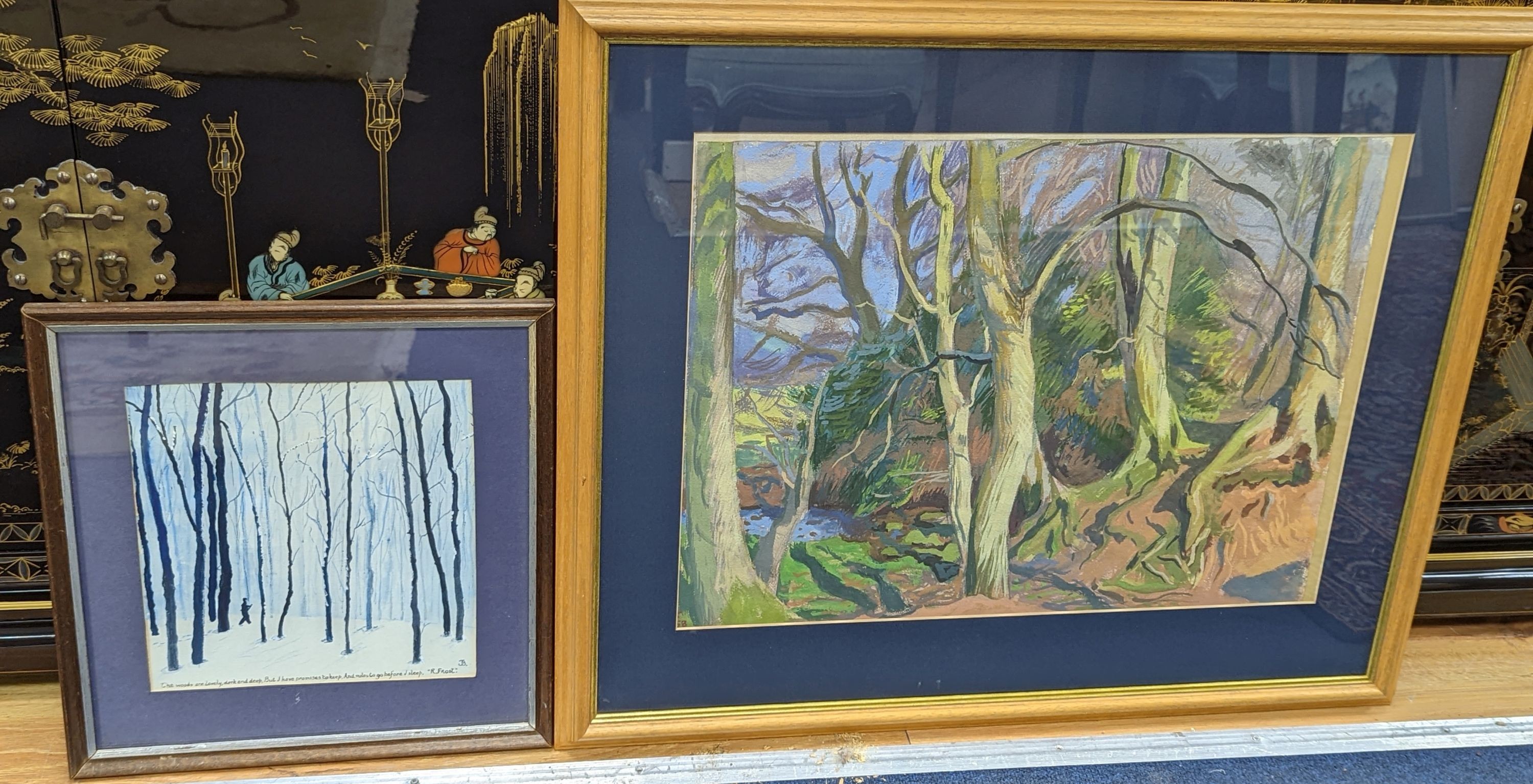 Attributed to Hans Feibush (1898-1998), gouache and pastel, Woodland scene, initialled lower left, 38 x 52cm and a print signed R.Frost